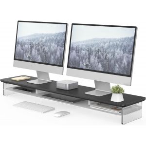 Réhausseur d'Écran d'Ordinateur 108cm 2 Niveaux Grand Moniteur Stand avec Pied en Acrylique Moderne, Support d'Ordinateur,Moniteurs,TV,PC,Imprimante-Charge de 45kg (Marron) - Neuf