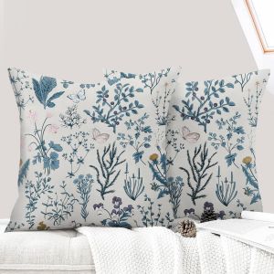 Cauc-Lot De 2 Decorative Housse De Coussin 45x45 Cm Flowers Housse De Canap&eacute; D&eacute;coratifs Motif Plante &Agrave; Fleurs Sauvages Taie D'oreiller Pour Chambre Et Ferme Maison Salon - Fleur R&eacute;tro Bleue - Neuf