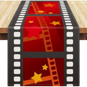 Chemin De Table Filmstrip Movie Night Nappe En Lin Rouge Décor Avec Chemin De Table Étoile Dorée Bords Noirs Avec Grilles Blanches Pour Soirée Sur Le Thème Du Cinéma 33x183cm - Neuf