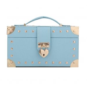 Boite De Rangement A 2 Niveaux Pour Colliers, Boucles D'oreilles, Bijoux, Avec Poignee Et Miroir (Bleu) - Neuf