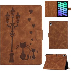 Eryi-Coque Pour Ipad Mini 7 2024 7 Génération (A17 Pro)/Ipad Mini 6 2021 6 Génération 8.3 Pouces Housse En Similicuir Avec Support, Un Couple De Chats Amoureux Sous Le Lampadaire Imprime, Marron - Neuf