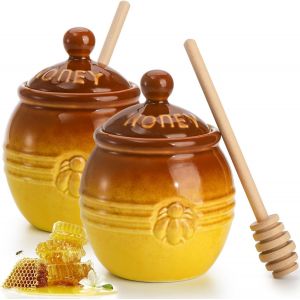 Jeu De 2 Plaques Pots De Miel En Bois Ourse Et Son Couvercle, 325ml, En Relief Jaune D'abeille De Design, De Cuisine, De Déco, De Café Et De Thé - Neuf