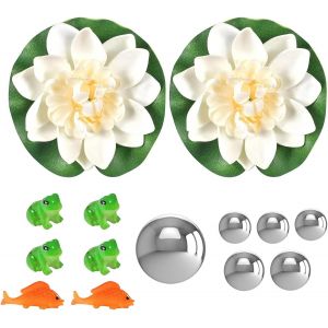 Mevronisshop-Mini Bassin Décoratif, 4 Mini Grenouilles, 2 Carpes Koï, 2 Fleurs De Lotus Flottantes Et 6 Boules Flottantes, Décoration De Bassin Pour Mini Étang De Terrasse Fontaine Solaire Pour Jardi - Neuf