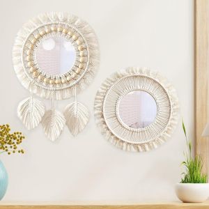 SUBZONAL-Lot de 2 miroirs d&eacute;coratifs &agrave; suspendre au mur avec franges tiss&eacute;es, miroir mural rond boh&egrave;me avec franges tiss&eacute;es, miroir mural en macram&eacute; pour salon, chambre &agrave; coucher, d&eacute;coration de chamb - Neuf