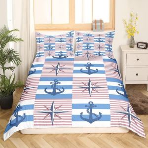 Housse De Couette Nautique Homewish Pour Enfants Et Adolescents, Parure De Lit Double, Motif Ancre De Bateau, Voile, Gouvernail, Housse De Couette Blanche À Rayures Bl - Neuf