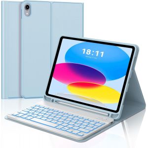 Coque Clavier pour iPad 10eme Generation 10.9""/11eme Generation A16 2025, AZERTY Français Rétro-éclairé Bluetooth Détachable pour iPad 11/10 ème Génération A2696/ A2757/ A2777, Bleu Clair - Neuf