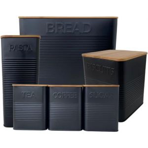 Lot De 6 Bo&icirc;tes &Agrave; Pain En Forme De Tonneau Pour Biscuits, Th&eacute;, Caf&eacute; Et Sucre - Noir - Herm&eacute;tiques - Bo&icirc;tes &Agrave; P&acirc;tes Avec Couvercle En Bambou - Bo&icirc;tes De Cuisine - Lot Complet De 6 Bo&icirc;tes - Neuf
