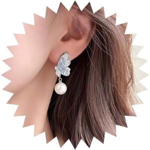 Kal-Boucles D'oreilles Boho En Cristal Papillon Boucles D'oreilles Perle Argent Ailes De Papillon Boucles D'oreilles Zircon Strass Papillons Fées Perles Pendantes Bijoux Pour Femmes Filles - Neuf