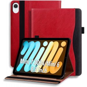 Kal-Coque Pour Ipad Mini 7 (A17 Pro 2024 7&egrave;me G&eacute;n&eacute;ration) /Mini 6 2021 6&egrave;me G&eacute;n&eacute;ration 8.3 Pouces &Eacute;tui Tablette Avec Pochette Et Support Housse De Protection En Cuir Pu Rouge - Neuf