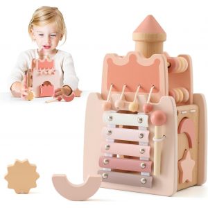 Promise Babe Jouet Montessori B&eacute;b&eacute; Jouet Bois,Ch&acirc;teau Rose Jouet &eacute;ducatif Cube d'activit&eacute; sensorielle Cube d'activit&eacute; Boucle motrice Cadeau B&eacute;b&eacute; Fille Cube d'activit&eacute; Montessori Activity Cube 3+ - Neuf