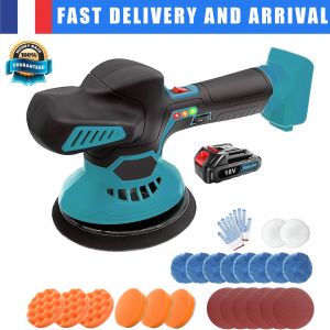 Polisseuse sans fil pour voiture, contr&ocirc;le r&eacute;glable &agrave; 6 vitesses, disque rotatif &agrave; poign&eacute;e unique &eacute;quip&eacute; de 6 feuilles de papier abrasif et d'une batterie de 3,0 Ah - Neuf