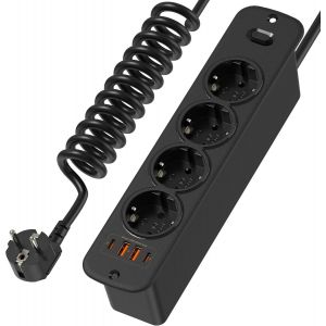 Prise Encastrable de Table avec USB C PD20W, Multiprise Encastrable Plan de Travail 4 Prises avec 1.5m C&acirc;ble Spiral&eacute;, Prise de Table avec Interrupteur, Bloc Prise Encastrable pour Tiroir Meuble, Noir - Neuf