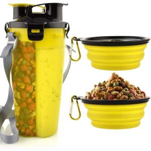 Dog Water Bottle With 2 Collapsible Bowls Portable 2 In 1 Water Bottle And Food For Dogs Cat Pets, Travel Bottle For Walking, Exercising, Hiking, Camping (Yellow) - Neuf