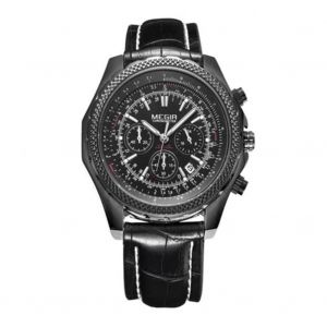 Megir Mode Hommes Alliage Imperm&eacute;able Pu Cuir Quartz Montre (Ceinture Noire Bo&icirc;tier Noir Cadran) - Neuf