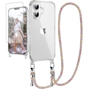 Kal-Chaîne De Téléphone Portable - Coque De Protection Pour Iphone 16 - Avec Bande Et Film De Protection - Transparent - Avec Cordon De Suspension - Pour Iphone 16 6,1"" - Arc-En-Ciel - Neuf