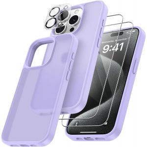 KALANKA-4 en 1 Coque pour iPhone 15 Pro avec 2 Verre Trempé et 1 Caméra Protecteur, [Coussin d'air Intégré] Antichoc Antirayures Bumper Protection Housse pour iPhone 15 Pro 6.1"", Violet Clair - Neuf