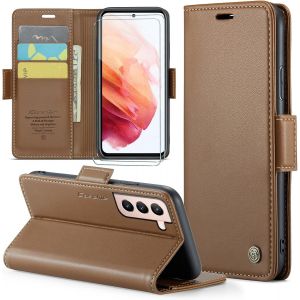 Kal-Coque Pour Samsung Galaxy S21+ 2 Pi&egrave;ces Verre Tremp&eacute;,Antivol,Prend En Charge Le Chargement Sans Fil, Pochette Fermeture Magn&eacute;tique Flip Case-Marron - Neuf