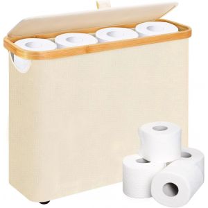 MEVRONISSHOP-28 L Boite Rangement Papier Toilette avec Couvercle, Bambou Panier &agrave; Papier Hygi&eacute;nique Boite Rangement Salle de Bain, Corbeille Porte-Papier Toilette pour 9 &agrave; 12 Rouleaux, Blanc - Neuf