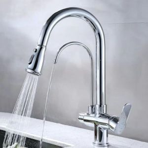 Robinet de cuisine à 3 voies, mitigeur extractible avec filtre pivotant à 360°, robinet d'évier à double lame - Neuf