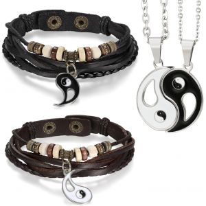 Asas-Aron Cent 2/4pcs Chaînes Avec Pendentif Yin Yang Bracelet Chaîne Collier De Tai Chi Cuir Bracelet Bagua Amitié En Acier Inoxydable Enroulé Bracelet Pour Homme Et Femme Noir Marron Argenté - Neuf