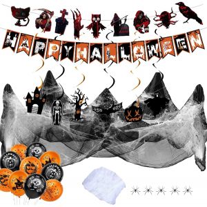 CAUC-Décoration Halloween XXL ¿ Set Complet de Décoration pour Fête d'Halloween ¿ Fantômes, Toiles d'Araignée, Citrouilles, Bannières et Ballons ¿ 1 Ensemble Complet, 76 x 230 cm, Noir - Neuf