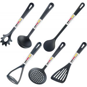Cfrx-Set D'ustensiles De Cuisine, 6 Pcs, Spatule, Cuillère À Remuer, Ecumoire, Cuillère À Spaghetti, Louche À Soupe, Presse-Purée À Pommes De Terre, Plastique, Gentle, Noir, 283522e6 - Neuf