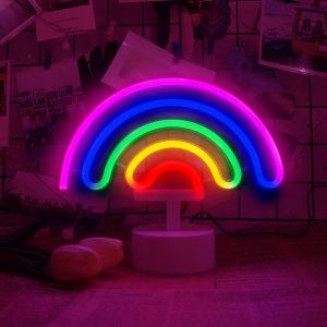 Cauc-Lampe N&eacute;on Arc-En-Ciel Pour Chambre &Agrave; Coucher, Veilleuse Led Aliment&eacute;e Par Batterie/Usb, D&eacute;coration Pour No&euml;l, F&ecirc;te D'anniversaire, Chambre &Agrave; Coucher, Lampe De Table, Cadeau Pour Enfants - Neuf
