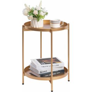 SUBZONAL-Table D'appoint Ronde Dor&eacute; M&eacute;tal Petite Table Basse 2 Etages Bout de Canap&eacute; pour Salon Chambre Balcon Terrasse Jardin, Dor&eacute; - Neuf