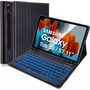 &Eacute;tui avec clavier pour Samsung Galaxy Tab S8 (SM-X700/X706 2022), Tab S7 (SM-T870/T875/T876 2020) Tablette 11"", clavier magn&eacute;tique amovible avec &eacute;tui fin en polyur&eacute;thane, noir - Neuf