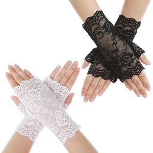 2 Paires De Gants En Dentelle Pour Femmes (Noir Et Blanc) Gants À Fleurs Sans Doigts, Gants De Bal De Mariage, Accessoires De Vêtements Pour Le Thé - Neuf