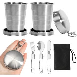 Ytfhg-2 Pièces Tasse Pliante En Acier Inoxydable, 75ml Tasse Télescopique D'acier Inoxydable, Rétractable Gobelet Pliant Portable Gobelet Retractable Avec Couverts Pliables Pour Voyage Camping - Neuf