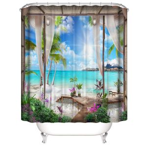 Rideau de douche vue mer 180 x 180 cm, rideau de douche tropical en polyester imperméable avec 12 crochets pour décoration de Noël, rideau de salle de bain - Neuf