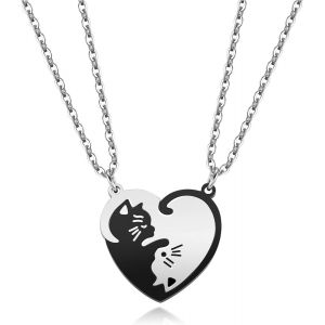 Kal-- 2pcs Bijoux Collier Pendentif Puzzle Coeur Separable Detachable Chat Acier Inoxydable Amitié Amoureux Couple Avec 2 Chaines - Neuf