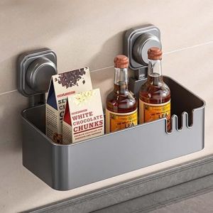 MEVRONISSHOP-tagère de Douche Ventouse avec Porte Savon & Porte Brosse à Dents Support Ventouse sans Perçage Salle de Bain Panier Rangement pour Bouteilles de Shampoing Gel, Porte Savon Douche - Noir - Neuf