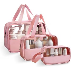 KALANKA-3 Pièces Trousse De Toilette Transparente,Trousse De Toilette Femme, Trousse De Toilette Homme, Grande Trousse De Toilette,Imperméable Trousse De Toilette Voyage (Rose) - Neuf