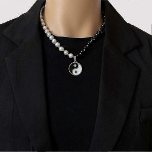 Goth Yin Yang Collier De Perles Pour Hommes Femmes Noir Blanc Perles Colliers Ras De Cou Hommes Bijoux En Acier Inoxydable - Neuf