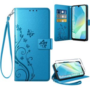 Sjzg-Coque Pour Samsung Galaxy A16 5g/4g + 1 Verre Tremp&eacute;, Retro Design Housse Premium En Cuir Pu Pochette De Portefeuille Pour Porte Cartes Fonction Stand Flip Etui Pour Samsung A16, Bleu - Neuf