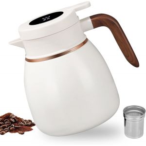 Cmws-Thermos Avec Infuseur &Agrave; Th&eacute; - 1,1 L - Avec Affichage De La Temp&eacute;rature - Th&eacute;i&egrave;re Isotherme Avec Poign&eacute;e En Bois - Verseuse Isotherme En Acier Inoxydable - Pour Th&eacute;, Caf&eacute; Et Lait - Neuf