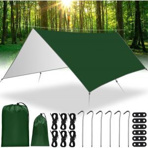 Camping Bâche Anti-Pluie,3x3m Tarp Bivouac Anti Uv Imperméable,Tarp Rain Ripstop Avec Oeillets,6 Piquets En Alu,6 Cordes,Bâche Toile De Tente Pour Camping Extérieur,Randonnée,Trekking,Hamac - Neuf