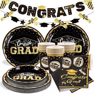 Letnerny-Décorations De Fête De Rem Des Diplômes Graduation Assiettes En Papier Noir Or Tasses Serviettes 2025 Congrats Bannière Fournitures De Fête Diplômes - Neuf