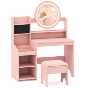 COSTWAY Coiffeuse Enfants avec Tabouret Miroir & Lumi&egrave;res - &Eacute;tag&egrave;res Ouvertes, 84 x 37 x 107 cm Rose - Neuf