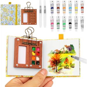 Kalanka-Kit D'aquarelle De Poche - Mini Kit De Voyage Aquarelle Avec Clips De Reliure - Mini Bo&icirc;te Aquarelle - Kit De Voyage Pour Artiste En Bois - Palette De 8 Grilles Pour Peintres, Artistes, &Eacute;tudi - Neuf