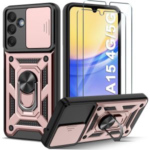 Kalanka-Coque Compatible Avec Samsung Galaxy A15 4g/5g Avec 2 Verre Trempé, Lentille Coulissante Couverture, Support 360° Rotatif Militaire Pc Dur Renforcée Armor Antichoc Bumper Housse Etui-Or Rose - Neuf