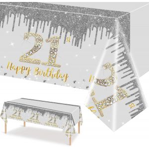 21 Ans Nappe Anniversaire,Argent Nappe Fête 21 Ans Anniversaire,137x274cm Nappe Happy 21st Birthday Couverture Rectangulaire Nappe Party De Table À Manger Cuisine Banquet - Neuf