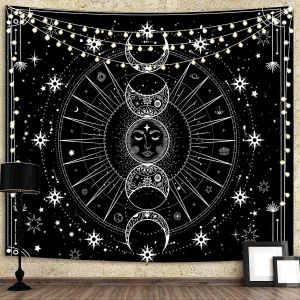 Soleil Lune Tapisserie Tenture Murale Soleil Avec Étoiles Espace Psychédélique Noir Et Blanc Bandes Murales - Neuf