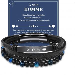 Kal-Cadeau Pour Homme Bracelet Cuir V&eacute;ritable Avec Pierres Naturelles, Cadeau Pour Couple Mari Petit-Ami Fils Papa Grand Pere, Cadeau Pour Saint-Valentin Fete Des Peres No&euml;l Anniversaire - Neuf