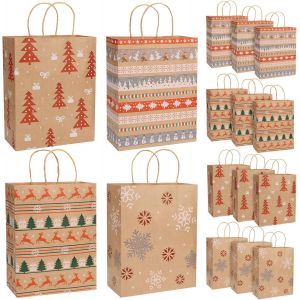 Sac Cadeau Noel Set De 12 Emballage Cadeau Noel 27 * 21 * 11Cm Pochette Cadeau En Papier Kraft Sac En Papier Kraft Avec 4 Motifs De No&euml;l Pour Cadeaux Nourriture Rangement - Neuf