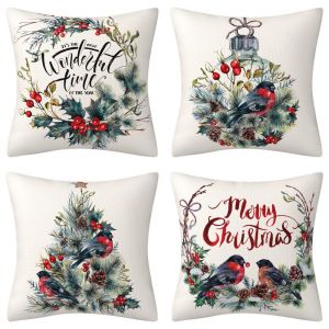 45x45cm 4pcs-Jeter Housse De Coussin En Lin Aquarelle For&ecirc;t Bouvreuil Des Billes De Verre D&eacute;coratif Housse De Coussin - Neuf