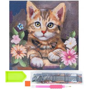 Ayuhr-Ideen Mit Herz Diamond Painting Toile À Motif Sur Châssis - 30 Cm X 30 Cm - Kit D'outils Inclus (Chat Avec Fleurs) - Neuf