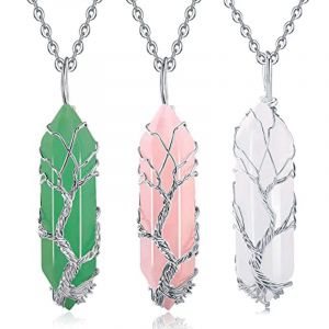 (B) 3pcs Collier Pendentif Arbre De Vie En Cristal De Quartz Clair Fil D'argent Enroulé Pierre Précieuse Point De Guérison Chakra Collier En Quartz Pour Femmes Hommes - Neuf